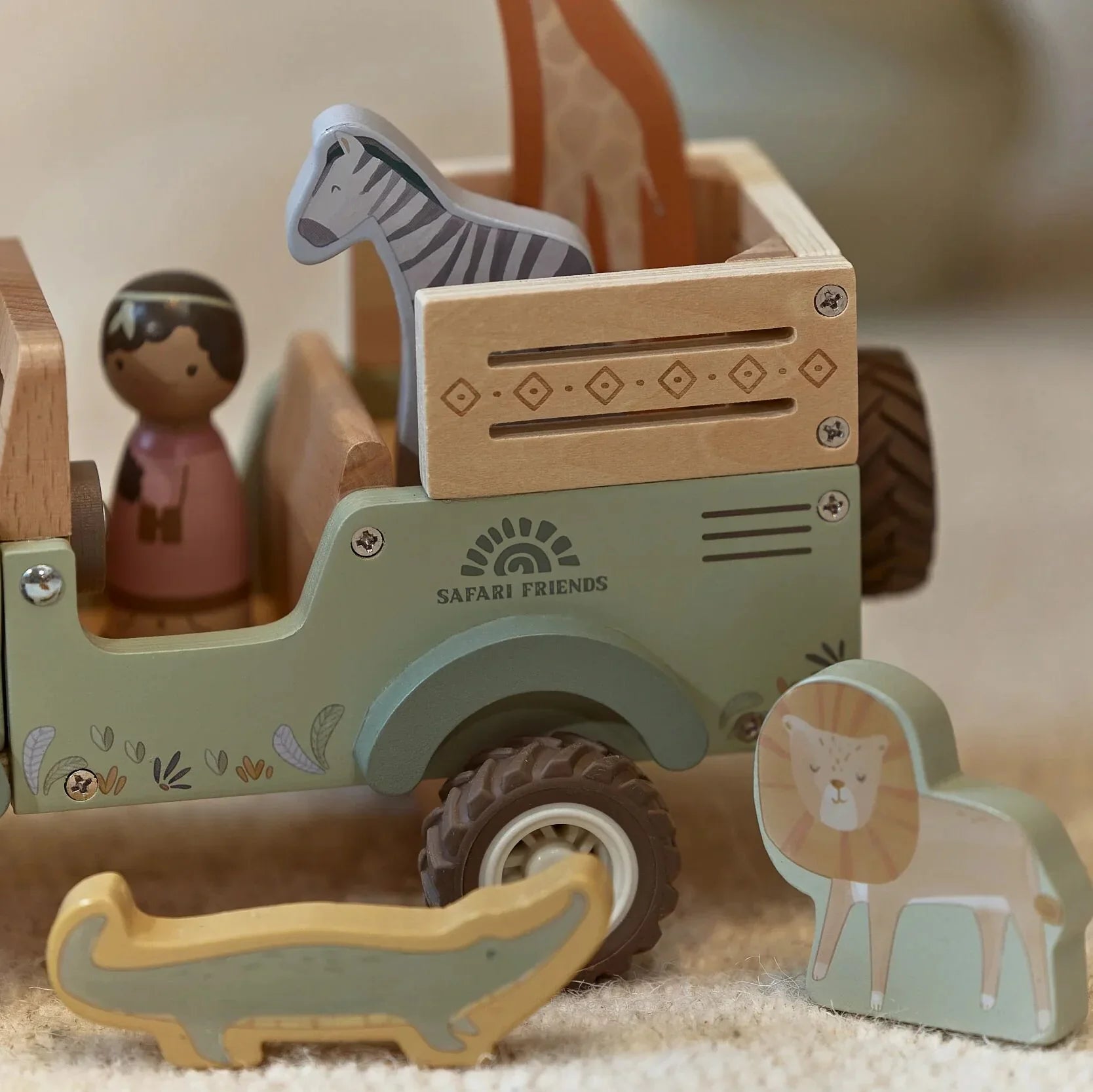 Houten safari auto met dieren - Groen